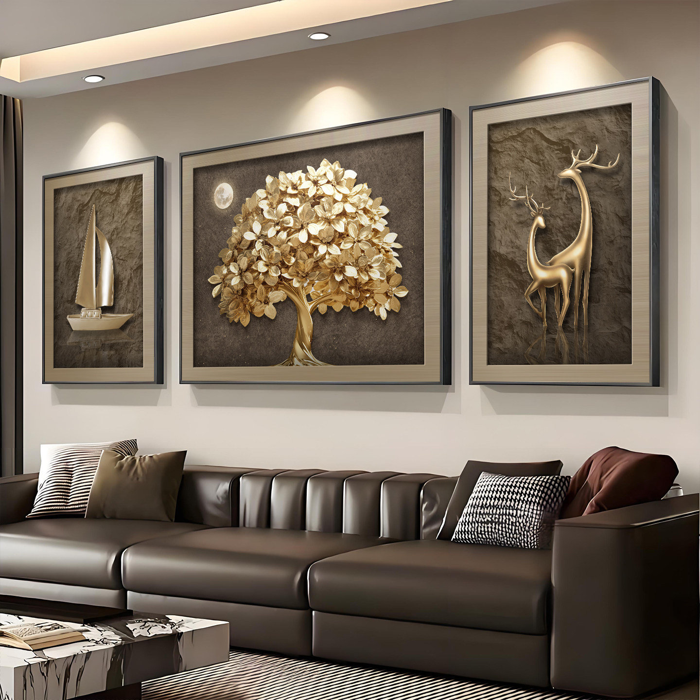 沙发背景墙挂画2026新款轻奢高级感装饰画客厅发财树三联餐厅壁画