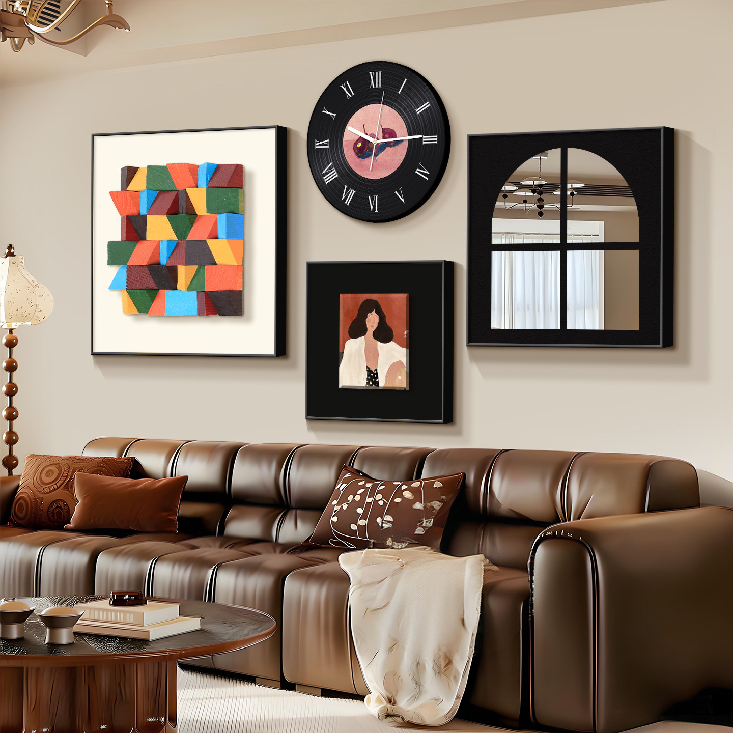 立体实木沙发背景墙挂画挂钟表镜子2026新款轻奢高级感客厅装饰画