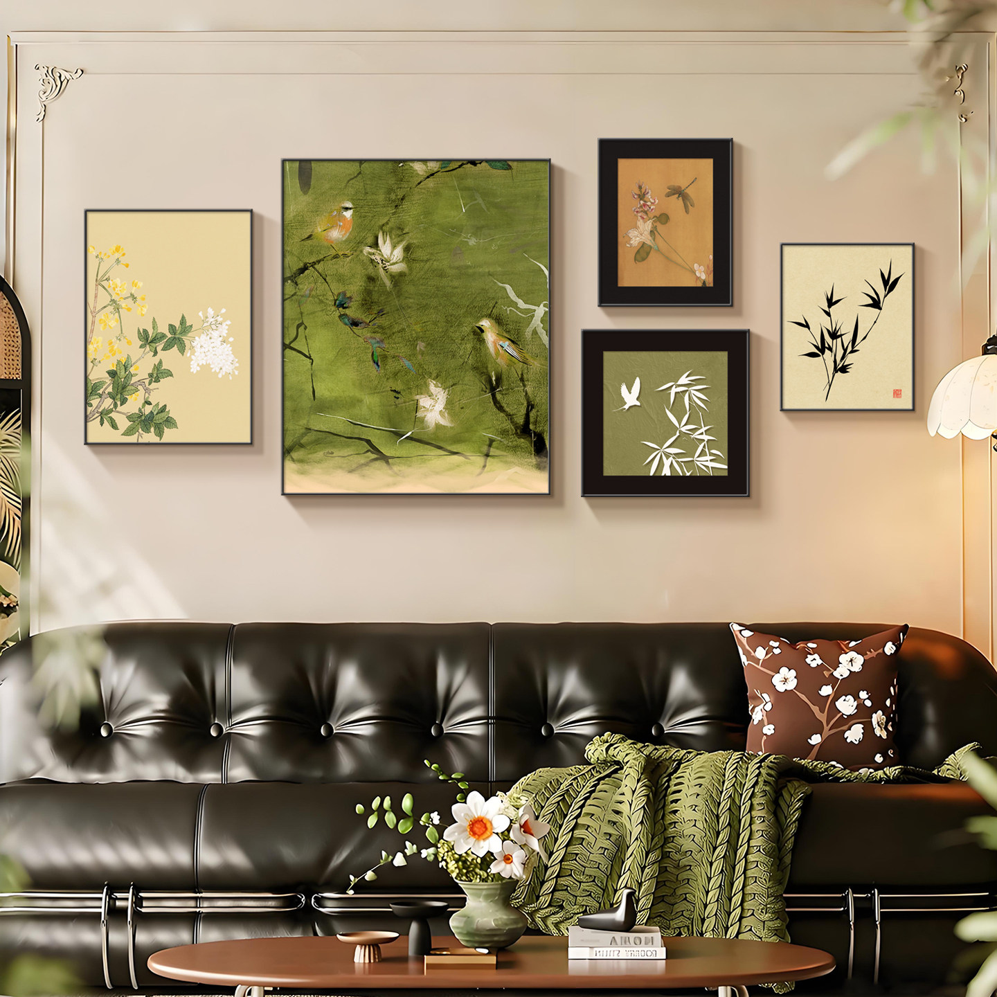 中古风客厅装饰画2026新款沙发背景墙挂画高级感复古绿色五联画