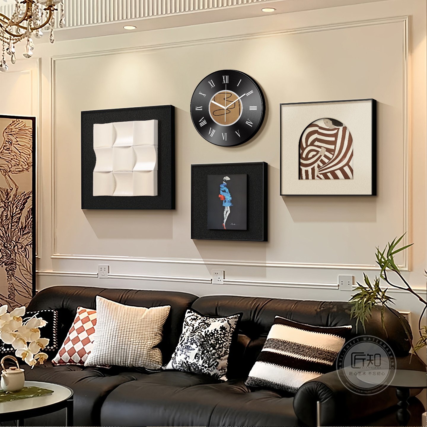 客厅装饰画2026新款轻奢高级感中古分立体实木沙发背景墙挂画钟表