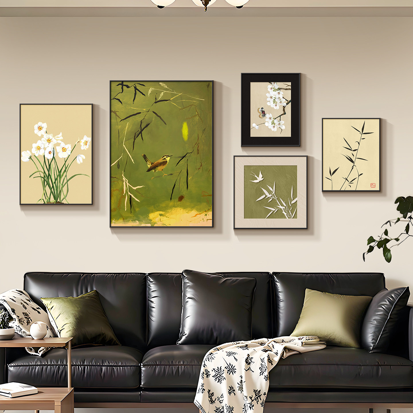 轻奢客厅装饰画复古绿色高级感2026新款壁画中古风沙发背景墙挂画