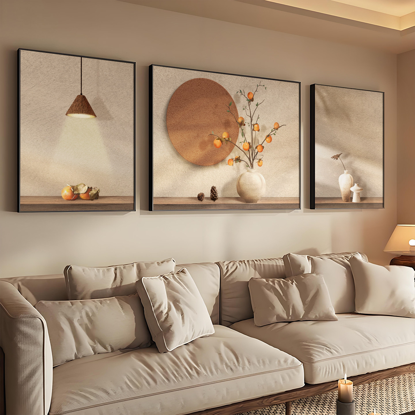 画装饰客厅2026新款沙发背景墙挂画轻奢高级感柿子三联餐厅壁画