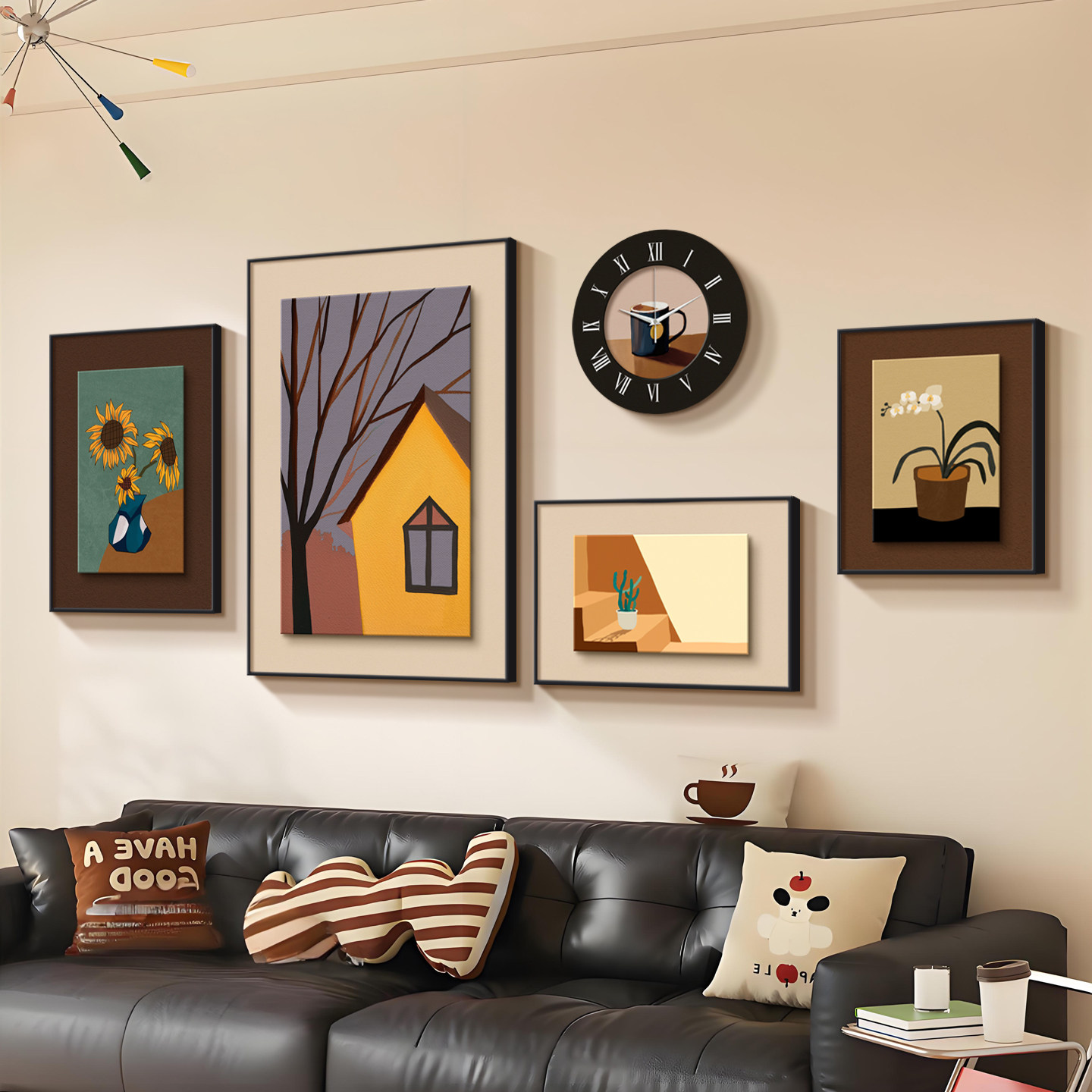 中古风沙发背景墙装饰画2026新款高档艺术画治愈系客厅带钟表挂画