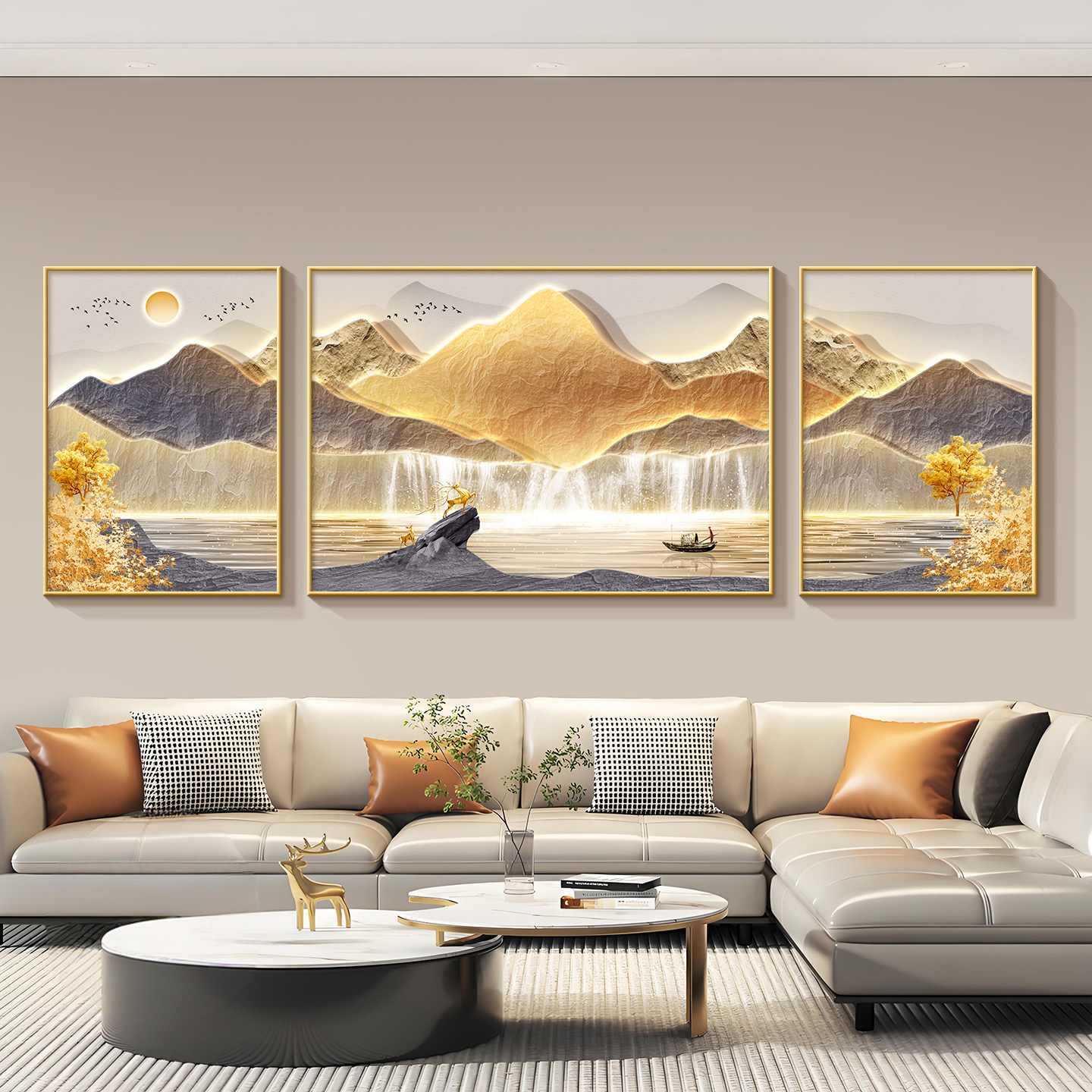 沙发背景墙挂画2026新款轻奢高级感客厅装饰画山水画三联餐厅壁画