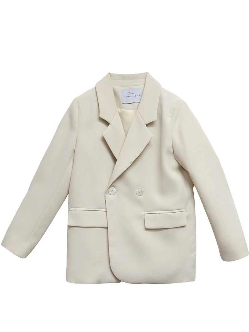 Cream double-breasted blazer laid flat on a white background