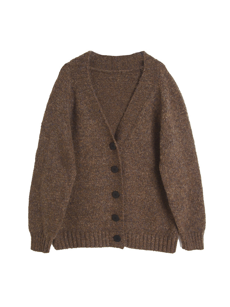 Brown button-front cardigan sweater laid flat on a white background