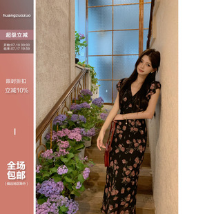 佐佐家小个子法式优雅V领小飞袖收腰长裙夏季女玫瑰印花连衣裙子