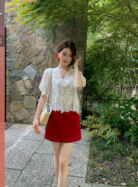 Huangzuozuo佐佐家小个子明媚酒红色短款半身裙夏季女高腰裙子