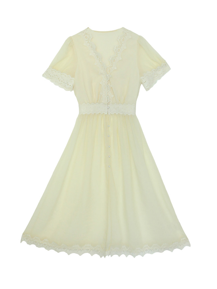 Pale yellow lace short-sleeve dress on a white background