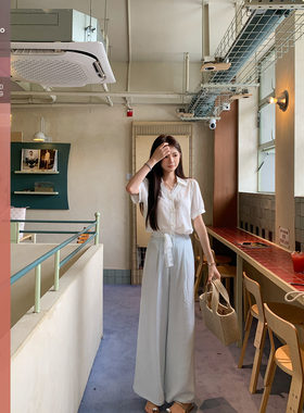 佐佐家小个子蓝色凉感蕾丝腰带西装直筒阔腿裤夏季女通勤休闲裤子