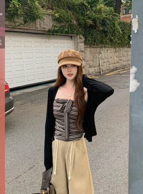 佐佐家小个子 撞色条纹抹胸背心/针织开衫甜酷套装春秋季女两件套