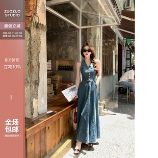 复古性感挂脖v领牛仔连衣裙女夏季 佐佐家小个子 气质收腰显瘦长裙