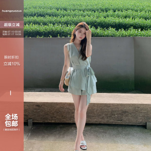 Huangzuozuo小个子韩系绑带无袖上衣/阔腿短裤套装夏季女两件套