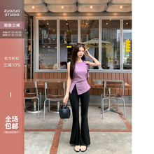 佐佐家小个子韩女高腰垂坠感超模休闲裤夏季女修身显瘦微喇叭裤子
