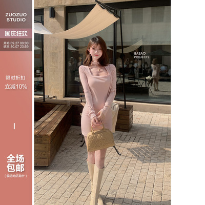 温柔纯欲方领针织连衣裙