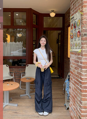 佐佐家小个子韩系复古波点抽绳工装阔腿裤夏季女高腰休闲直筒裤子
