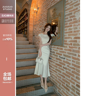 中長款 佐佐家小個子 氣質(zhì)白色收腰顯瘦魚尾長裙女夏季 修身 連衣裙