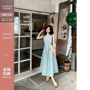 收腰连衣裙夏季 佐佐家小个子气质扭结v领无袖 女高腰显瘦a字长裙子
