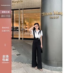 佐佐家小个子圆领短袖衬衫+丝巾+垂坠感阔腿背带裤休闲套装夏季女