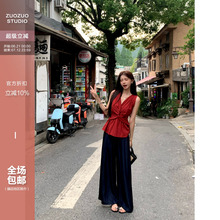 佐佐家小个子深蓝色垂坠感高腰休闲阔腿牛仔裤夏季女宽松直筒裤子