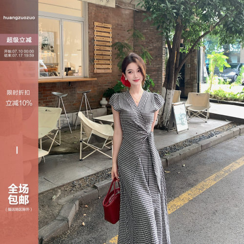 Huangzuozuo佐佐家小个子法式V领格纹绑带连衣裙夏季女收腰长裙子