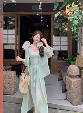 Huangzuozuo小个子 夏日清凉莱赛尔套装女垂感防晒衬衫长裙两件套