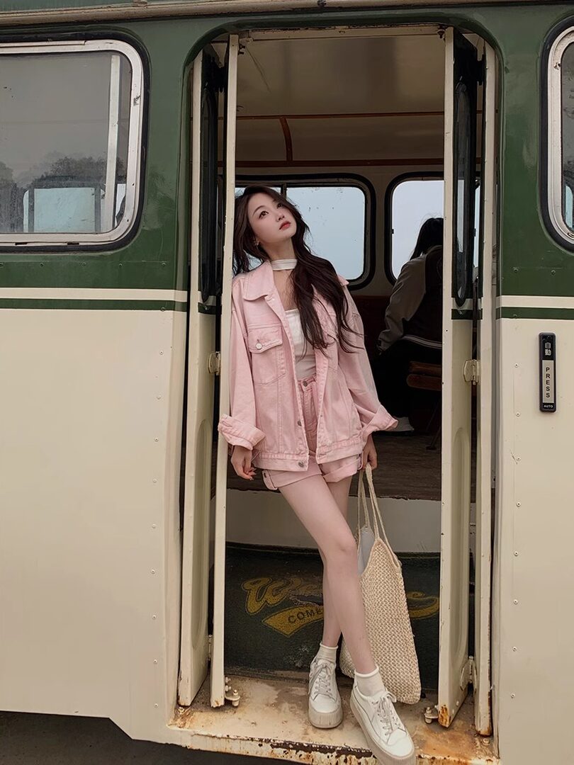 Woman wearing a pink jacket and shorts set while posing in a train doorway