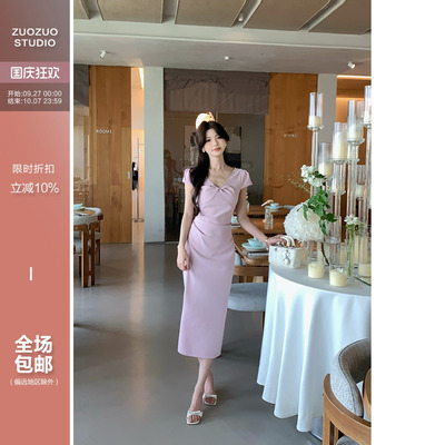 佐佐家小个子扭结V领高腰显瘦长裙子夏季女气质高级感收腰连衣裙