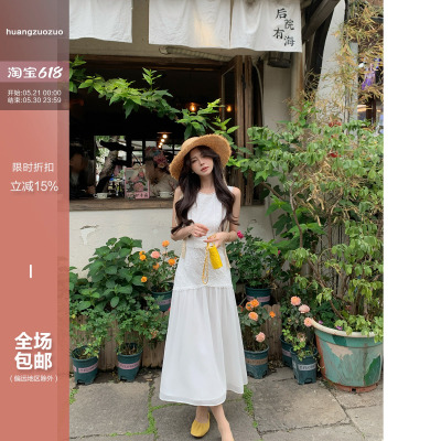 佐佐家小个子白色蕾丝拼接无袖气质长裙夏季女圆领修身显瘦连衣裙