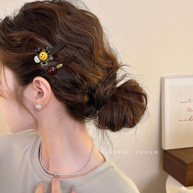 太阳花笑脸发夹女豹纹花朵鸭嘴夹