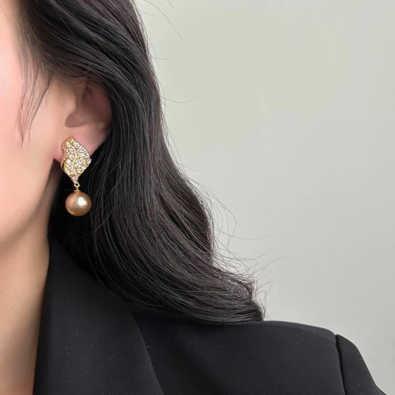 新款轻奢树叶珍珠镶钻耳钉耳环小