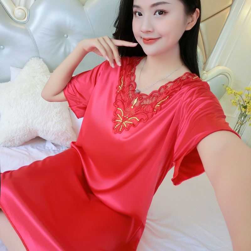 冰丝睡裙女夏季女款性感2025新款短袖纯色高级感学生蕾丝大妈中裙