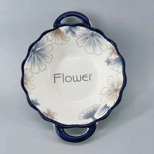 兰棕大花双耳浮雕花边汤碗家用陶瓷耐热釉下彩菜碗拉面碗 爆款