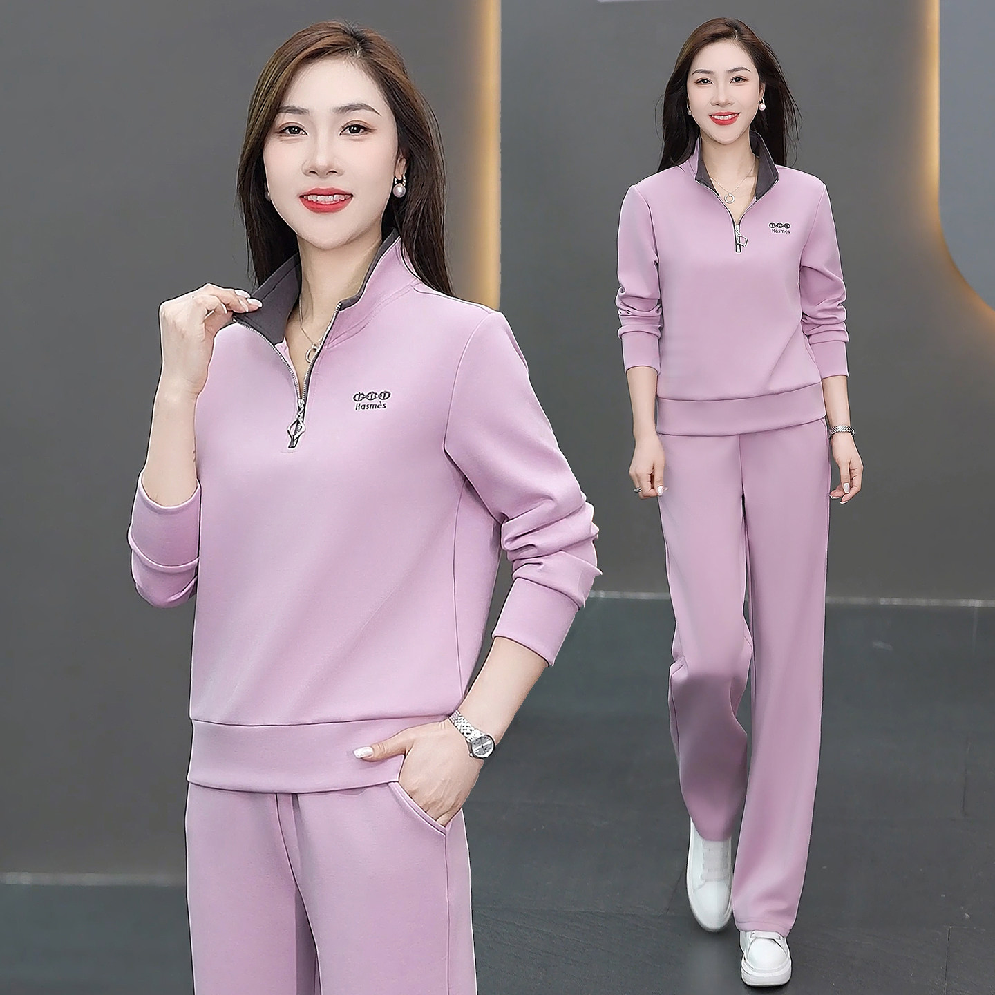 时尚显瘦翻领休闲运动套装女2025春秋季半开衫套头长袖卫衣两件套