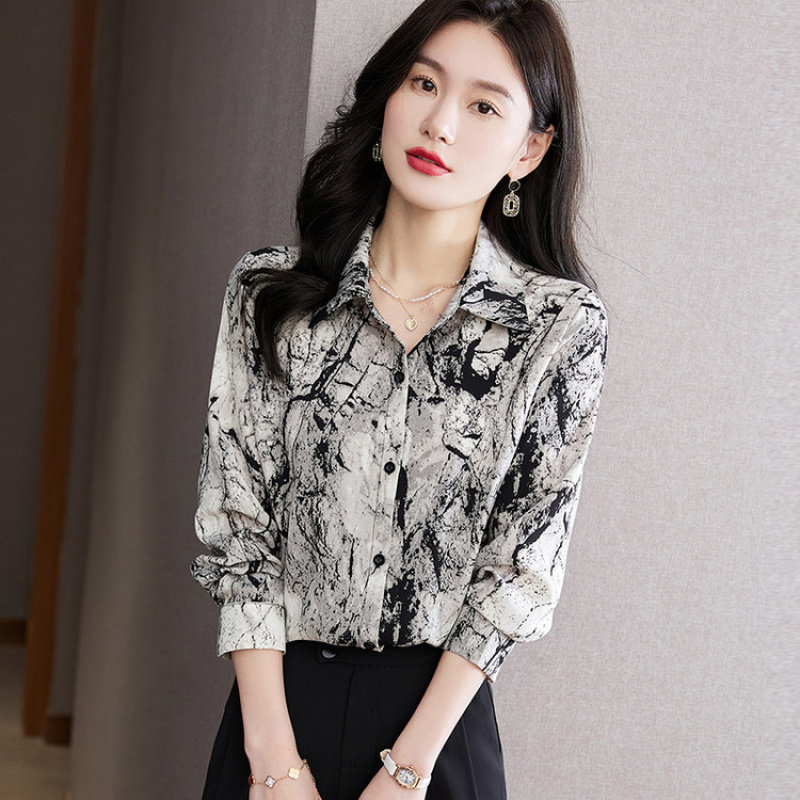 杭州真丝薄款上衣女春秋2025新款宽松桑蚕丝长袖印花衬衫气质衬衣
