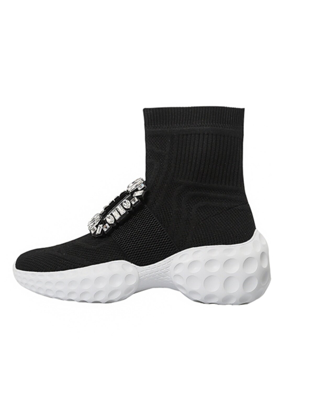 RV RHINESTONE SQUARE BUCKLE KNITTED BOOTIES SOCK SHOES ATHLEISURE HEIGHTENED GENUINE LEATHER PLATFORM SOLES DAD SHOES STRETCH SKINNY BOOTS