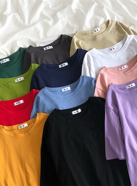 纯棉纯色短袖T恤女学生夏季韩版宽松白色上衣bf风百搭半袖体恤潮