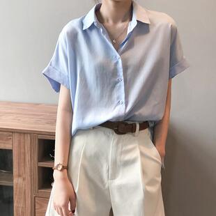日系女士蓝色短袖衬衫2025新款女夏季薄款工装白衬衣女款气质上衣