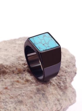 时尚钛钢男款戒指欧美个性蓝松石男士方形几何钛钢戒指指环