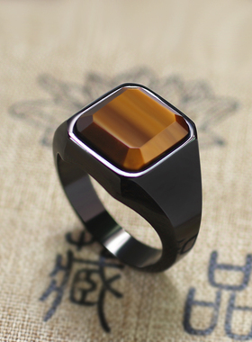 虎眼石戒指男士大气钛钢指环