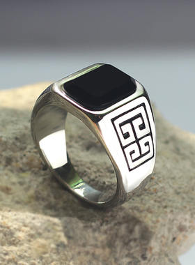 时尚男士戒指复古黑曜石钛钢指环