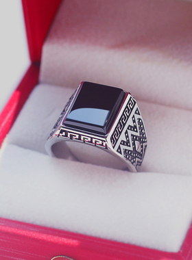 复古虎眼石钛钢男士黑玛瑙戒指