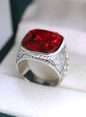 欧美时尚复古钛钢红宝石戒指男