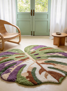 龟背竹异形地毯客厅卧室床边毯氛围感森系植绒防滑家用ins风地垫