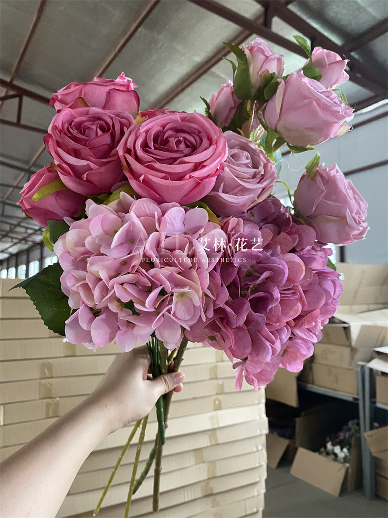 玫粉色玫瑰绣球婚礼备婚玫红色仿真花插花家居摆放软装搭配