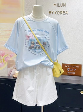 夏季小确幸~韩国东大门ins风奶甜可爱设计感baby蓝色短袖上衣大码