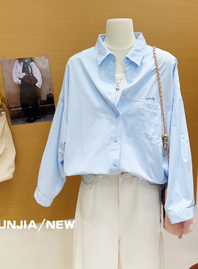 清新奶蓝色衬衫~韩代款秋季高品质100%纯棉长袖上衣大码开衫外套