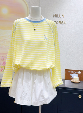 柠檬黄色的小清新~韩代款夏季条纹防晒衫轻薄撞色长袖薄款T恤大码