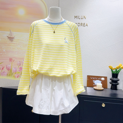 柠檬黄色条纹长袖T恤防晒衫大码