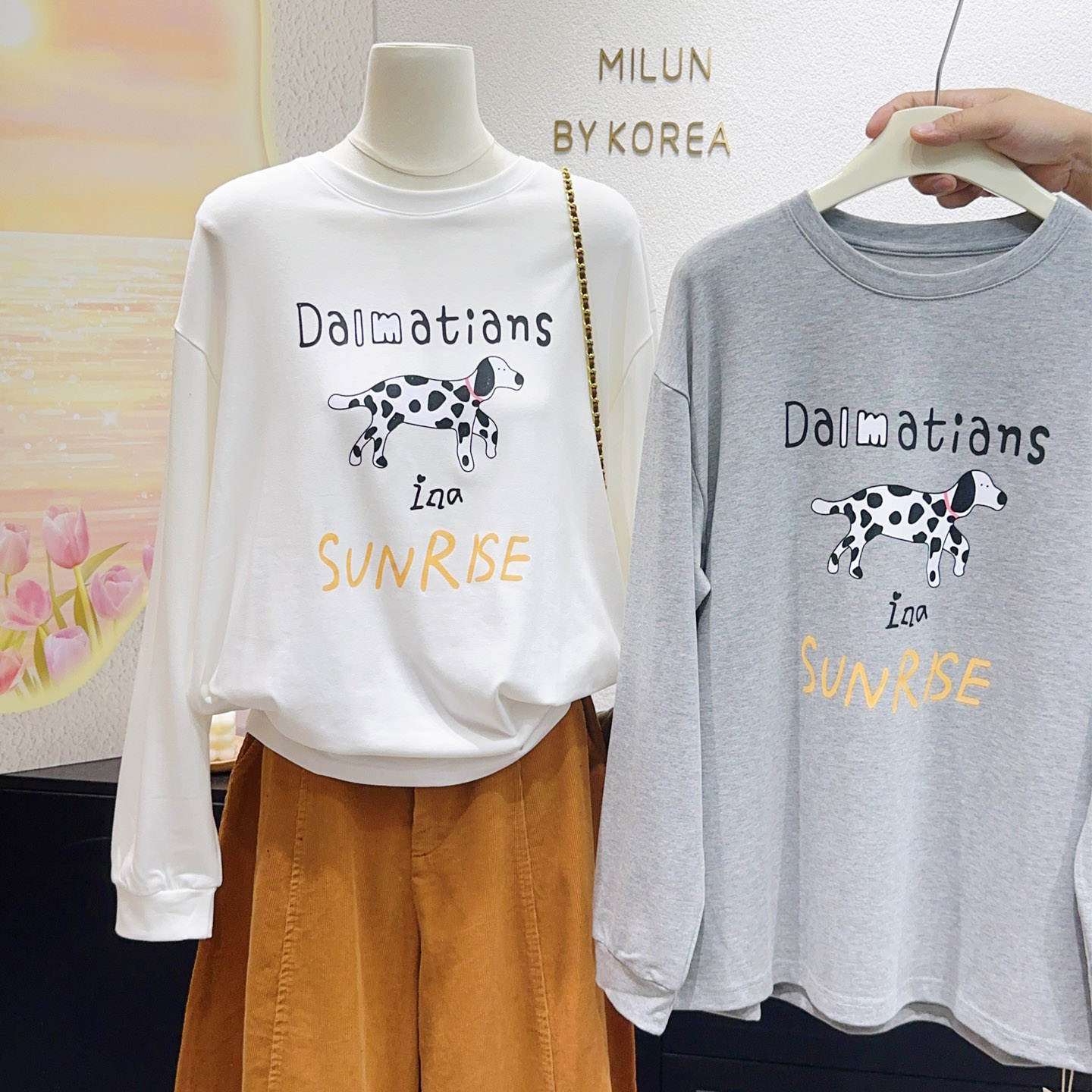 洋气百搭~韩国东大门长袖T恤字母斑点狗白色上衣女秋冬打底衫大码